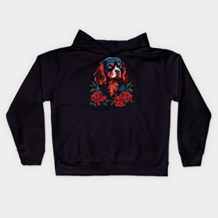 King Charles Spaniel with red roses illustration Kids Hoodie